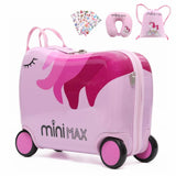 MiniMax 45x36x20cm 29L Kids Ride-On Suitcase 4PCS Set Inc Drawstring Bag, Neck Pillow & 50+ Personalisation Stickers, Easyjet Max Size Childrens Rolling Hand Cabin Luggage 45x36x20 (Unicorn)