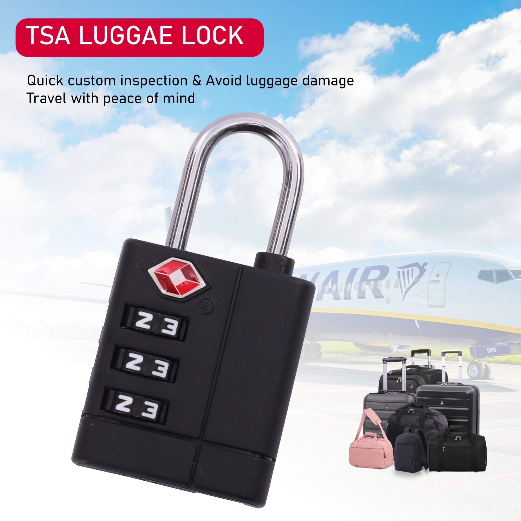 Aerolite TSA Approved Global Travel Accessories Three Dial TSA Combilock, Black