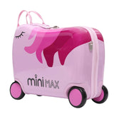 MiniMax 45x36x20cm 29L Kids Ride-On Suitcase 4PCS Set Inc Drawstring Bag, Neck Pillow & 50+ Personalisation Stickers, Easyjet Max Size Childrens Rolling Hand Cabin Luggage 45x36x20 (Unicorn)