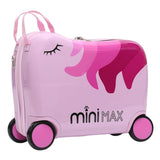 MiniMax 45x36x20cm 29L Kids Ride-On Suitcase 4PCS Set Inc Drawstring Bag, Neck Pillow & 50+ Personalisation Stickers, Easyjet Max Size Childrens Rolling Hand Cabin Luggage 45x36x20 (Unicorn)