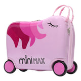 MiniMax 45x36x20cm 29L Kids Ride-On Suitcase 4PCS Set Inc Drawstring Bag, Neck Pillow & 50+ Personalisation Stickers, Easyjet Max Size Childrens Rolling Hand Cabin Luggage 45x36x20 (Unicorn)