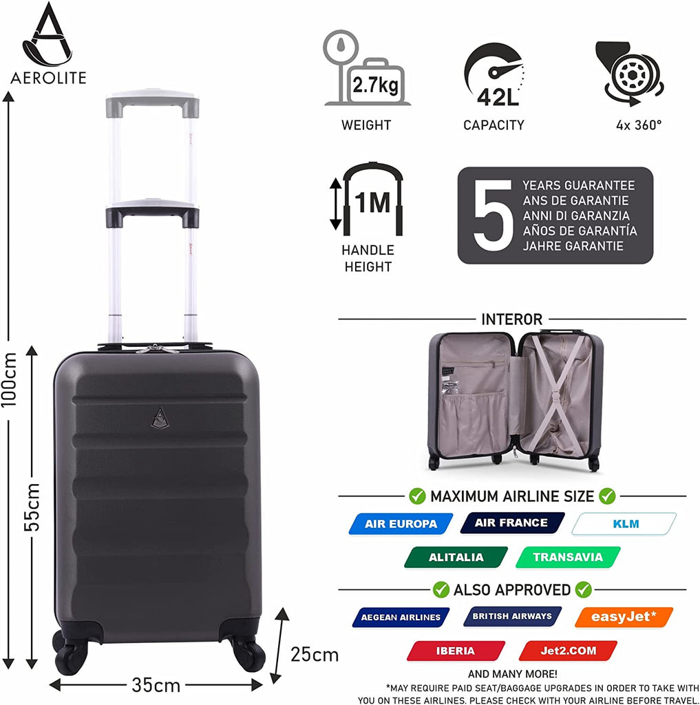 Aerolite 55x35x25cm Hard Shell Carry On Hand Cabin Luggage Suitcase wi