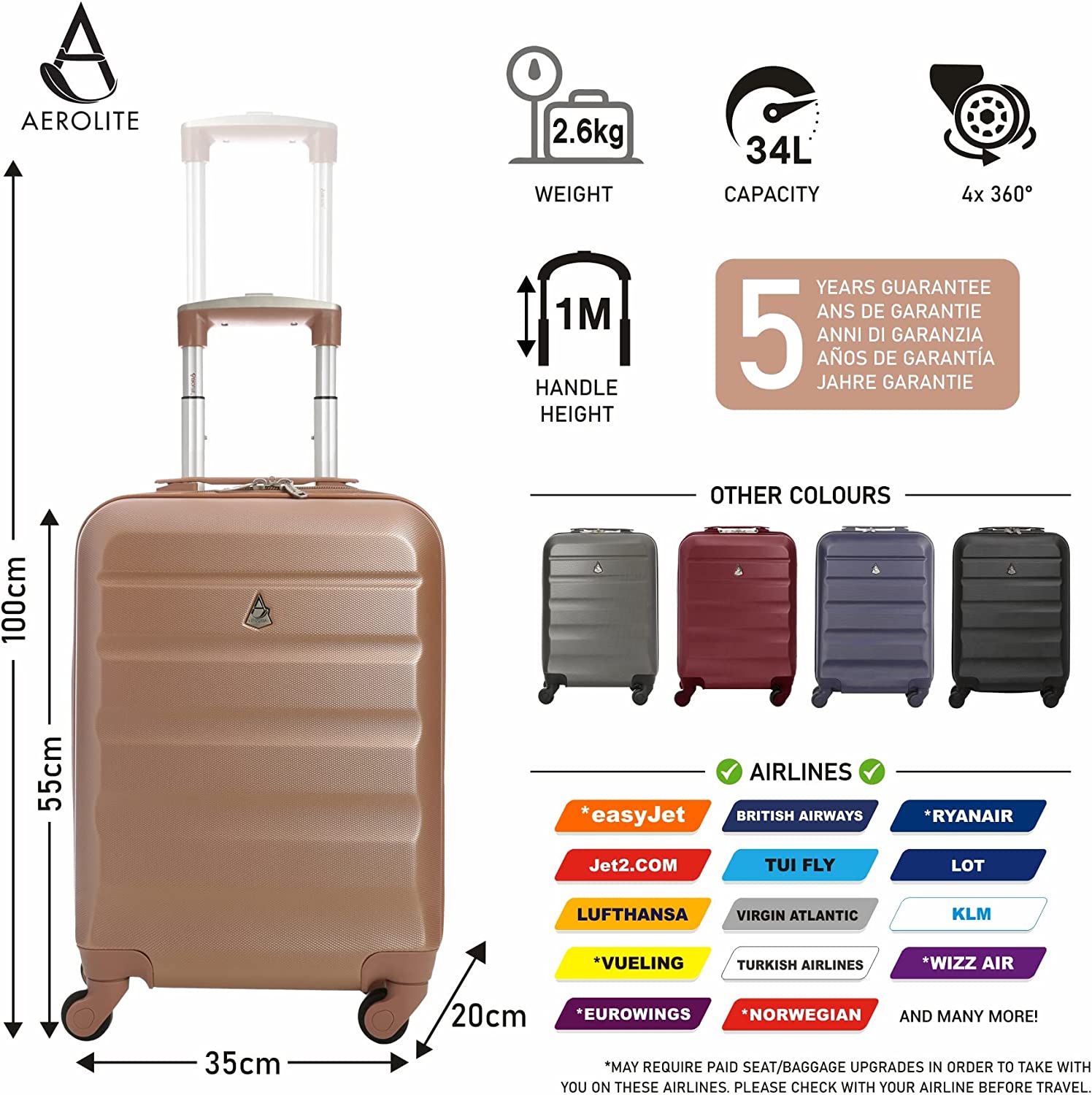 Aerolite 55cm Lightweight Hard Shell 4 Wheel Cabin Suitcase (55x35x20cm) , Approved for Ryanair (Priority), easyJet (plus/flexi), British Airways, Virgin Atlantic, and More