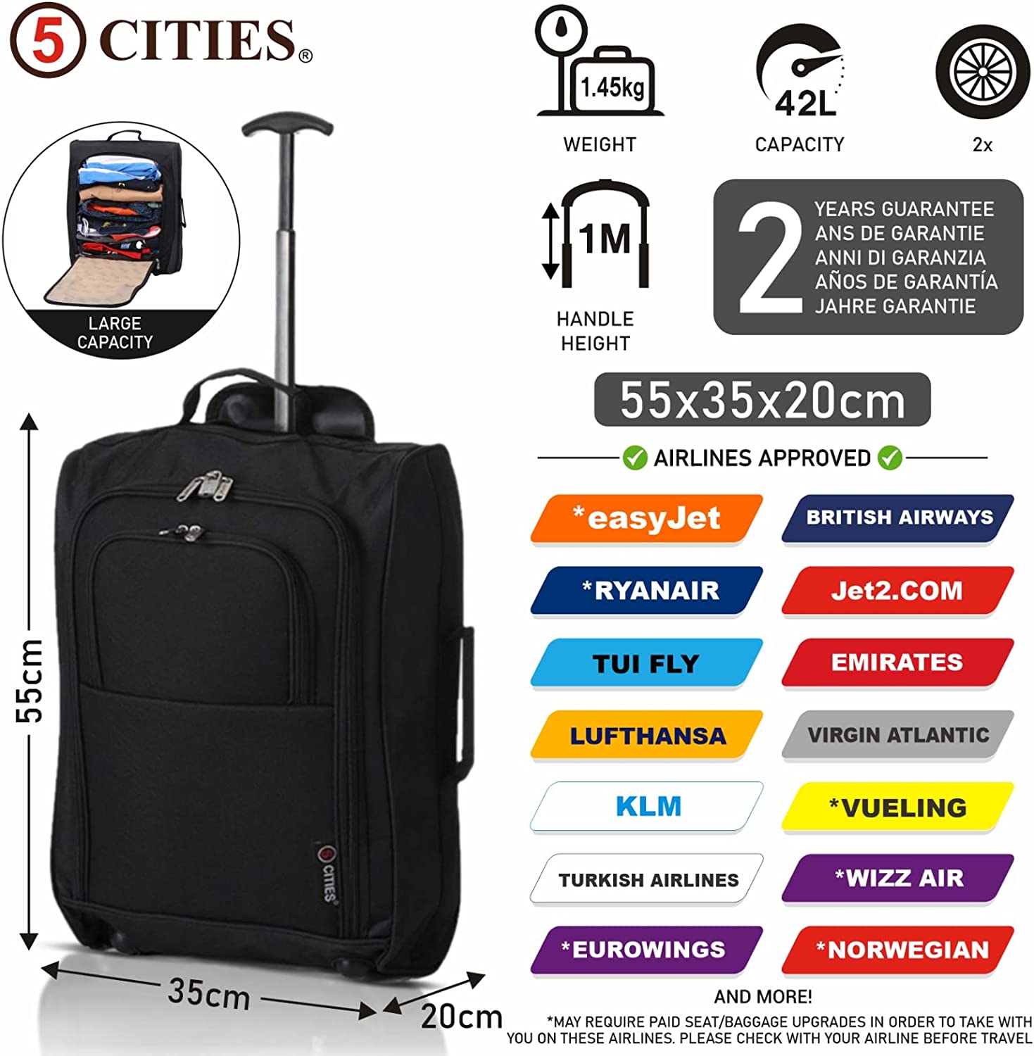 5 Cities 21" (55x35x20cm) Lightweight Cabin Hand Luggage Trolley, Fits easyJet(Plus/Flexi/Large Cabin), Ryanair (Priority) Cabin Restrictions, 2 Years Of Warranty