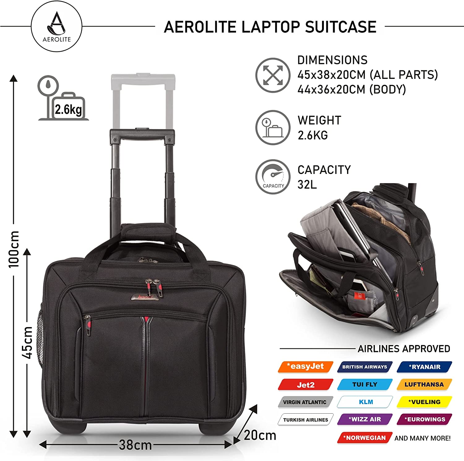 Aerolite Hard Shell Rolling Laptop Case Bag 4 Wheels - Fits Up To 15.6 Laptop