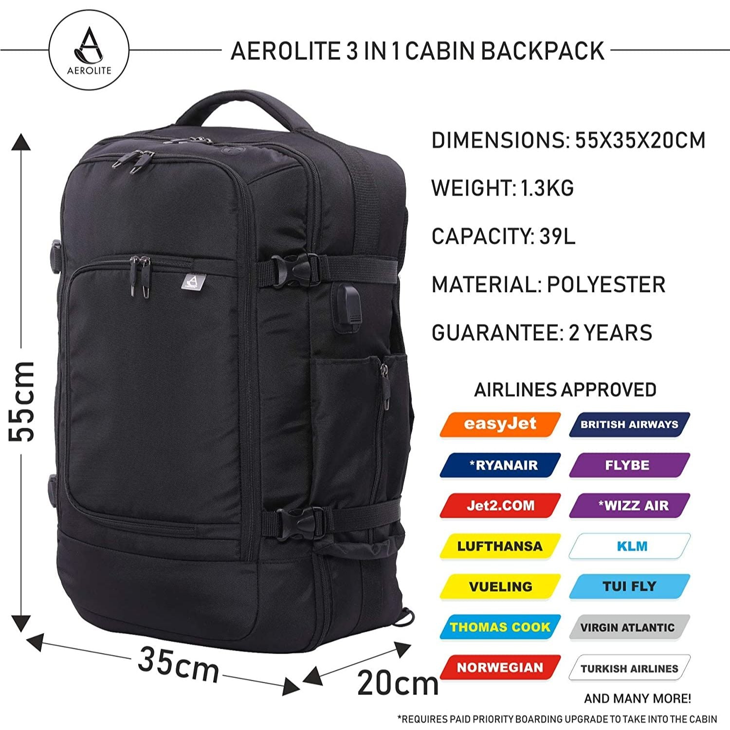 Aerolite 55x35x20cm 39L Hand Cabin Luggage Backpack with YKK Zippers, – Travel  Luggage & Cabin Bags