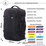 Aerolite 55x35x20cm 39L Hand Cabin Luggage Backpack with YKK Zippers, Fits 15” Laptop, Carry On Rucksack Travel Daypack Flight Bag, 55x35x20, Black