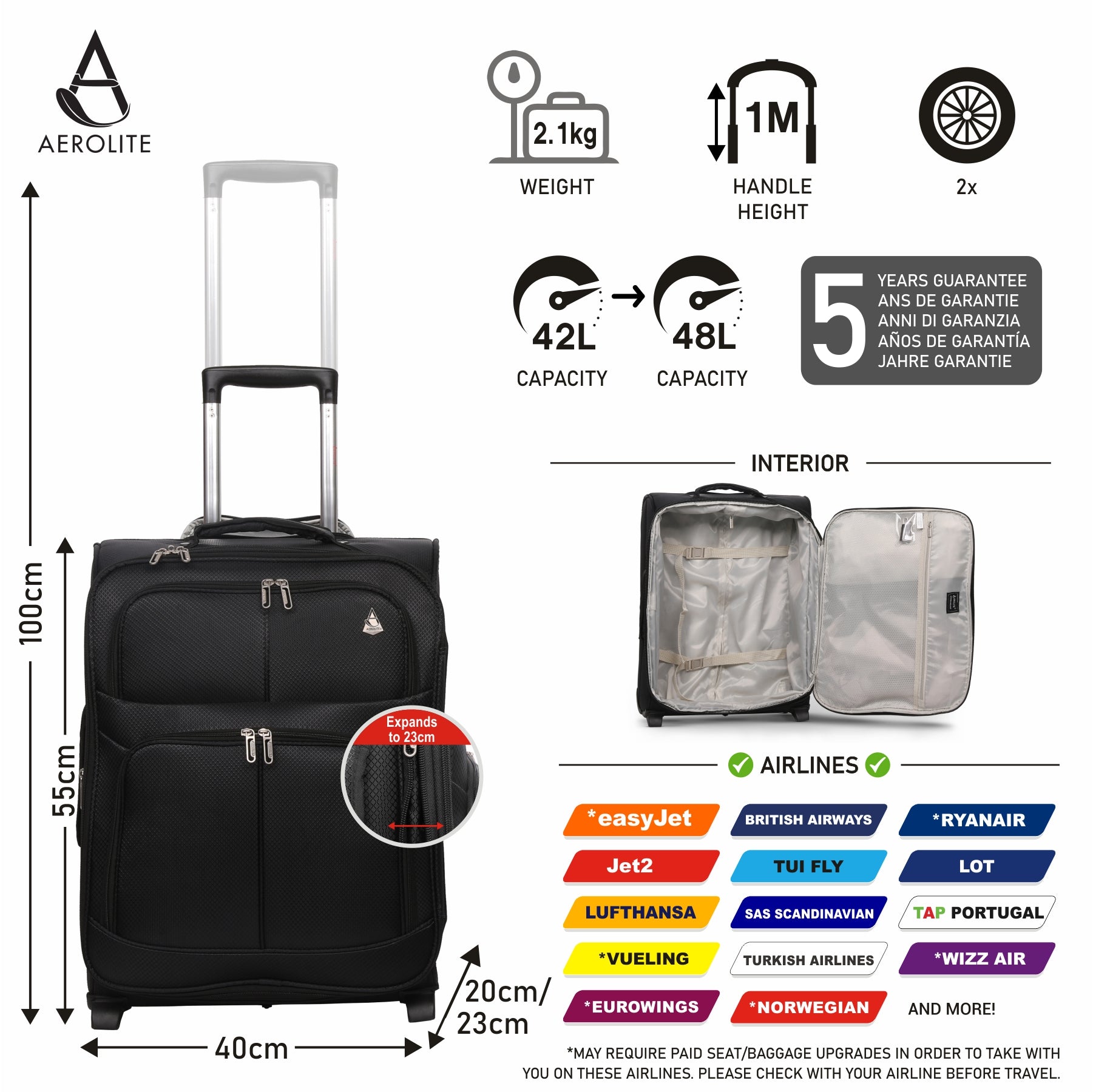 Aerolite (55x40x20cm) Lightweight Cabin Hand Luggage with 50kg Luggage Scales | 2 Wheels