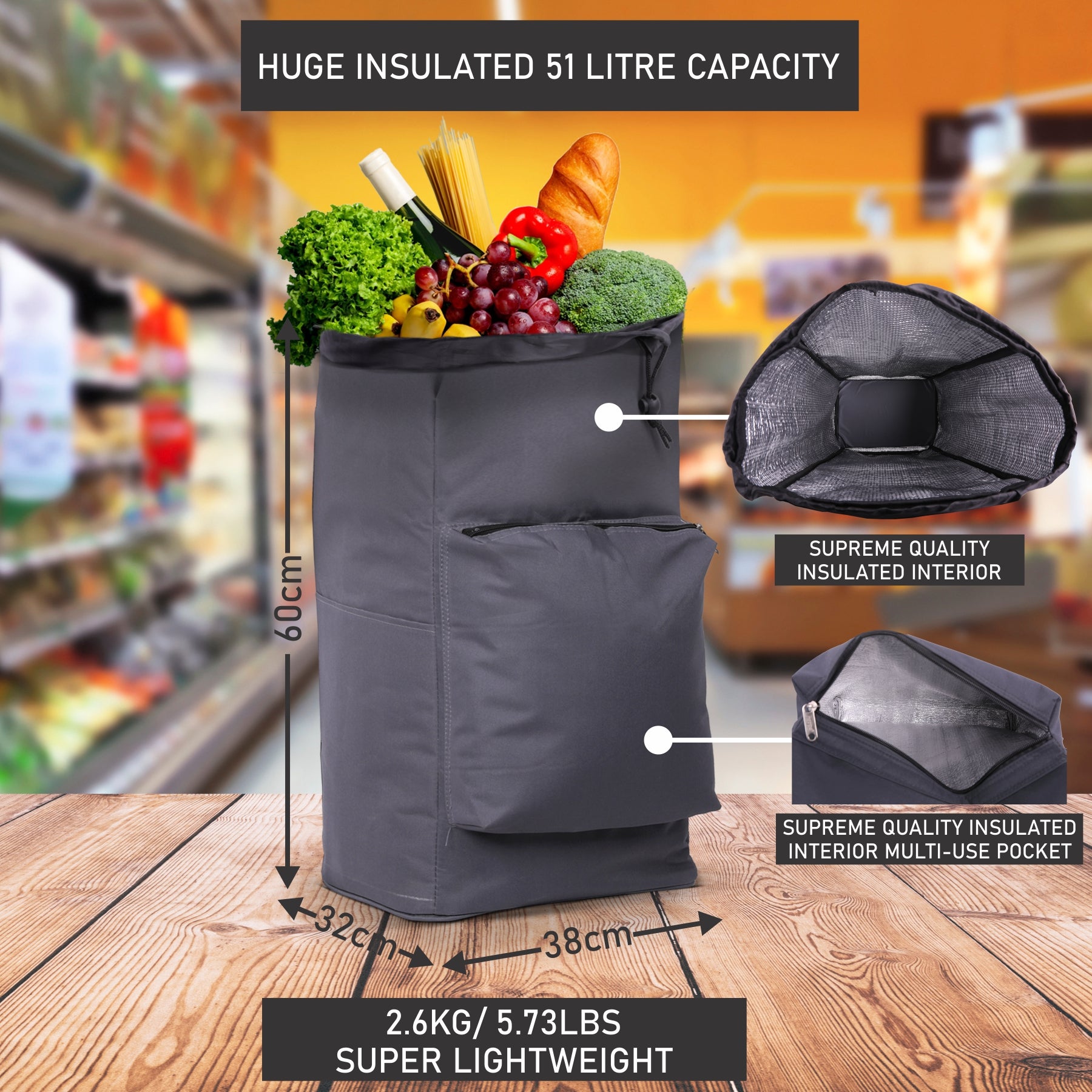 Hoppa Fully Insulated Lightweight 2024 Model 2 Wheeled Huge 51Litre Capacity Shopping Trolley Bag 95cm, 2.6kg