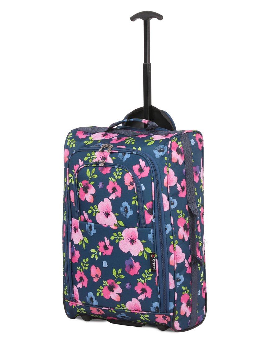 5 Cities (55x35x20cm) Lightweight Cabin Hand Luggage Set (Black + Navy Floral)