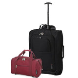 5 Cities (55x35x20cm) Lightweight Cabin Hand Luggage and (35x20x20cm) Holdall Flight Bag (Black + Wine)
