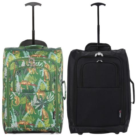 5 Cities (55x35x20cm) Lightweight Cabin Hand Luggage Set (Black + Fun Leopard)