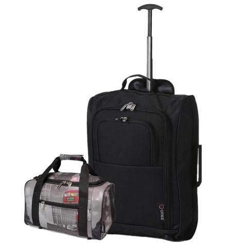 5 Cities (55x35x20cm) Lightweight Cabin Hand Luggage and (35x20x20cm) Holdall Flight Bag (Black + Cities)