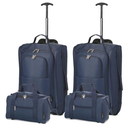 5 Cities (55x35x20cm) Lightweight Cabin Hand Luggage and (35x20x20cm) Holdall Flight Bag (x4 Set) - Navy