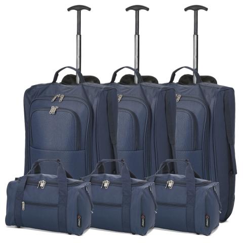 5 Cities (55x35x20cm) Lightweight Cabin Hand Luggage and (35x20x20cm) Holdall Flight Bag (x6 Set) - Navy