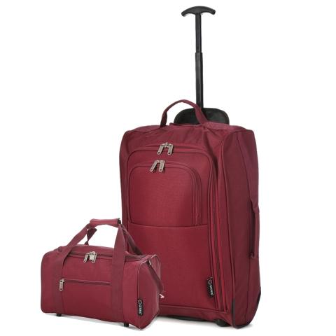 5 Cities (55x35x20cm) Lightweight Cabin Hand Luggage and (35x20x20cm) Holdall Flight Bag - Wine