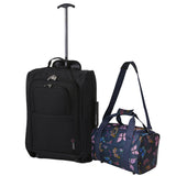 5 Cities (55x35x20cm) Lightweight Cabin Hand Luggage and (35x20x20cm) Holdall Flight Bag (Black + Navy Floral)