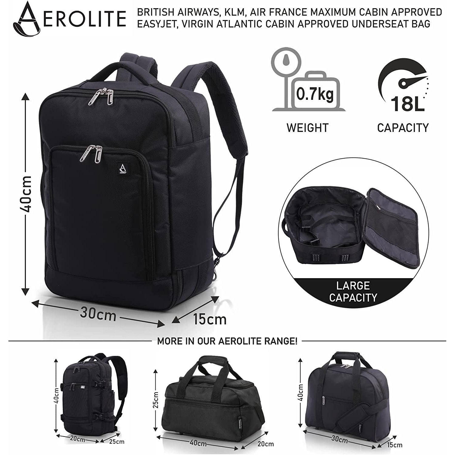 AEROLITE (40x30x15cm) New and Improved 2023 British Airways, KLM & Air France  Maximum Size Cabin Underseat Backpack Rucksack, Also Approved For easyJet, Wizz Air, Virgin Atlantic, Black